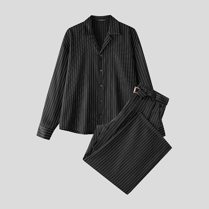

INCERUN Two Piece Suit Men Lapel Neck Striped Long Sleeve Shirts Trousers Casual Loose Sets S чёрный