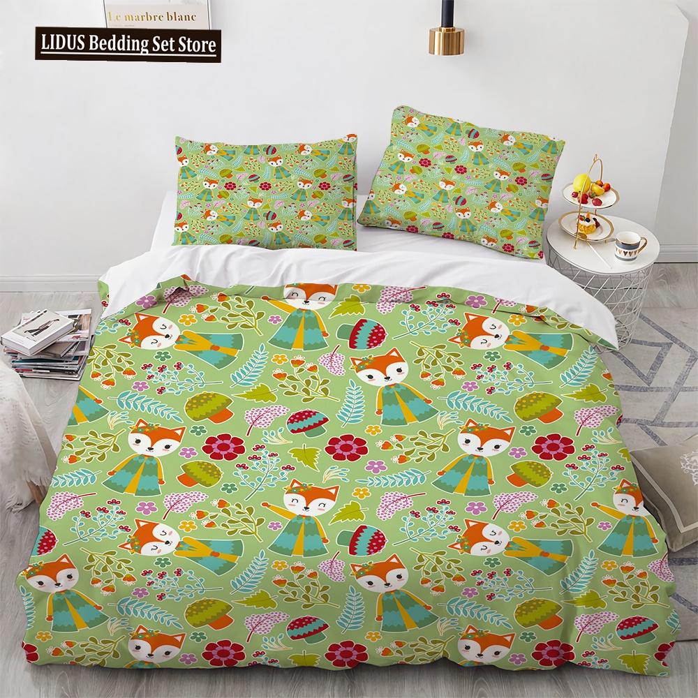 Cartoon Tiere Bettbezug Set Frosch Fuchs Hund Niedliches Muster King Queen Größe Bettwäsche Set Polyester Bettdeckenbezug mit Kissenbezug