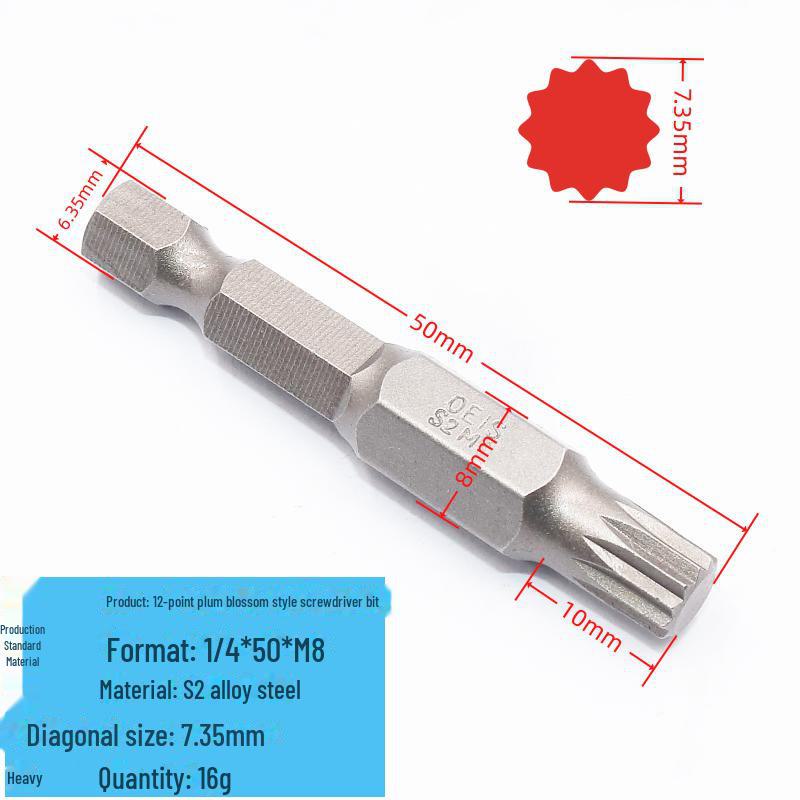 12-Winkel-Druckluftschraubendreherkopf aus gehärtetem S2-Stahl, 1/4" M-Typ, inneres Zwölf-Blumen-Design