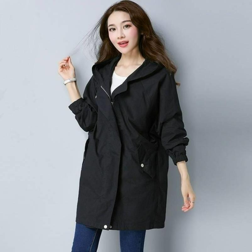 Hooded Zipper Windbreaker Women's Spring and Autumn Fat Mm Large Size Slimming Top Women's Mid-length Jacket