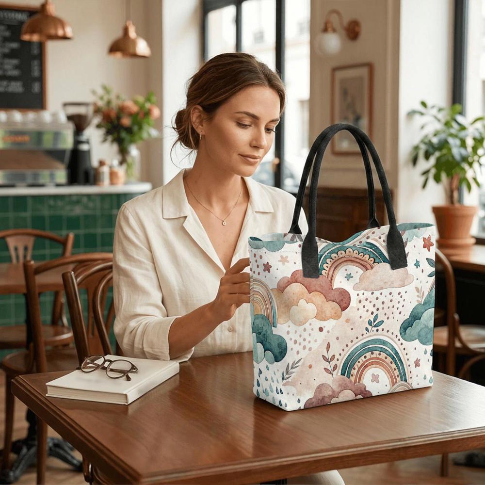 Boho Rainbow Cloud Print Tote Bag Portable Large Capacity Shopping Bag Casual Daily Shoulder Bag