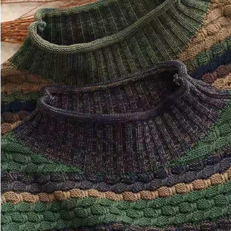 Johnature Women Vintage Pullover Sweaters Half Hight Collar Striped Knitted Spring Long Sleeve Sweaters