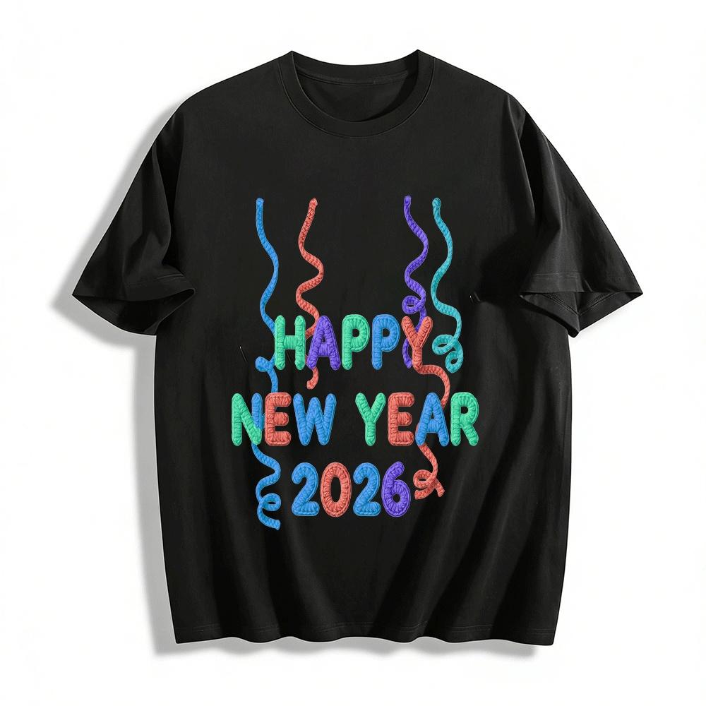 Happy New Year 2026 Knit Style Print Casual Daily Top Pure cotton T-shirt XXS