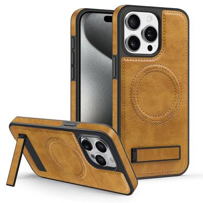 Luxury Leather Stand Magnetic Magsafe Phone Case for IPhone 15 12 11 13 14 Pro Max 15Pro 15Plus Hidden Bracket Soft Silicone Shockproof Cover
