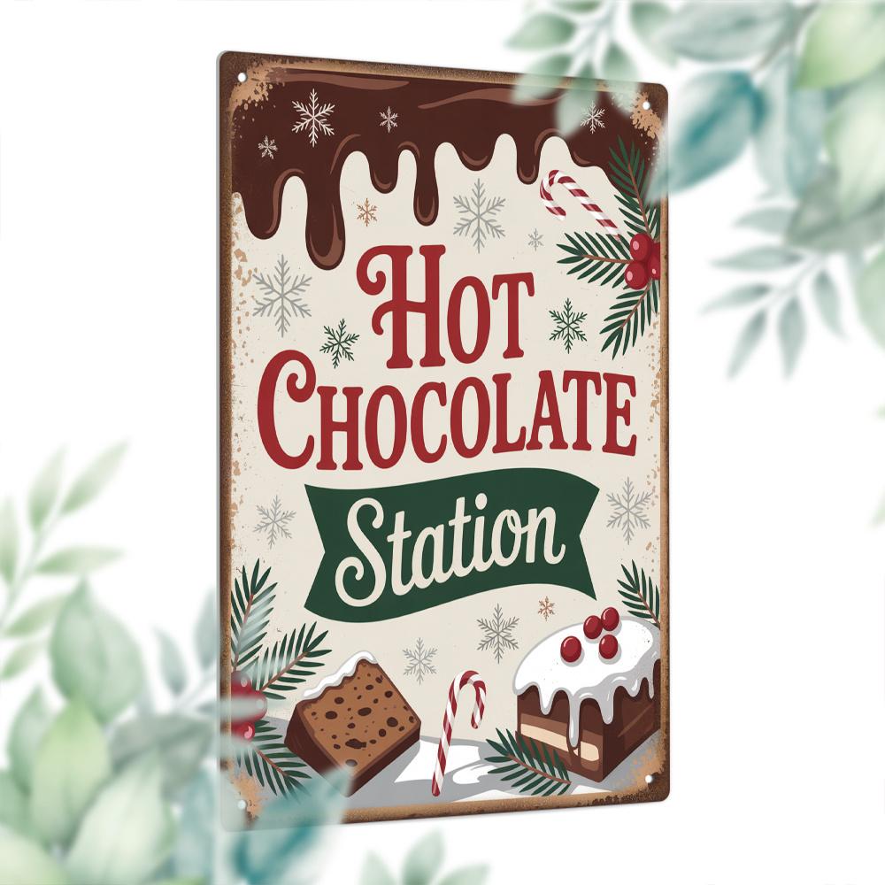 Putuo Decor 1pc Christmas Vintage Metal Tin Sign, Hot Chocolate Station, Wall Art Decor for Christmas Party, Gift for Birthdays,