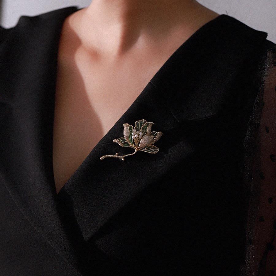 Bella Viva Oriental Style Enamel Begonia Brooch, Premium 18K Gold Plated Copper with Freshwater Pearls, Jewelry for Daily Wear