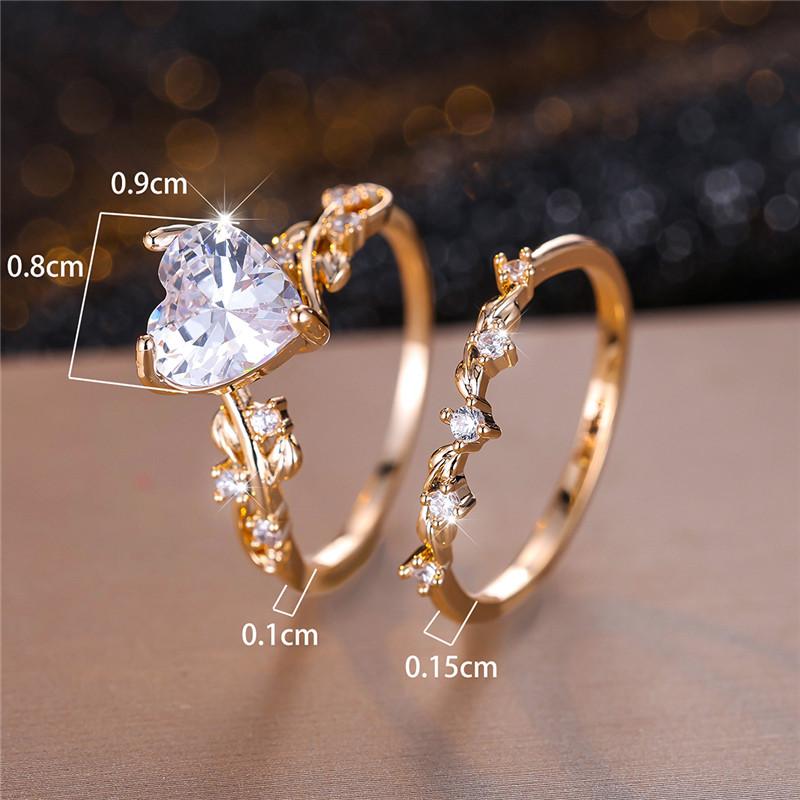 Female Crystal White Zircon Stone Heart Engagement Ring Set Luxury Gold Color Wedding Jewelry For Women