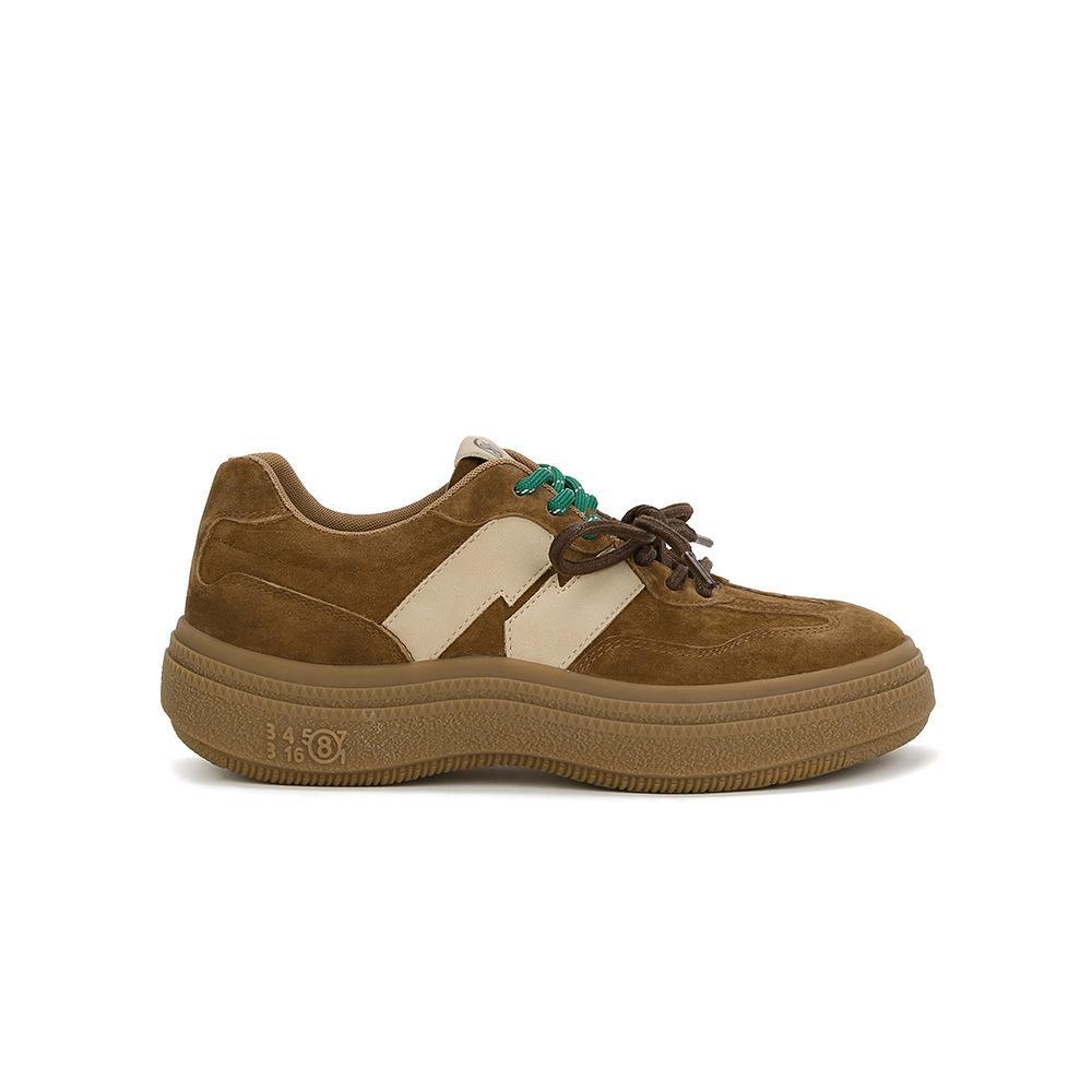 Double Shoelace Color Matching Round Head Platform Leather Training Shoes Women's Spring and Autumn New Red Casual Forrest Gump Sports Shoes