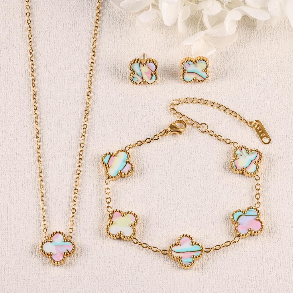3PCS Clover 18K Gold Plated Necklace Bracelet Earnail Set Women's Light Luxury Colorful Fashion Accessories