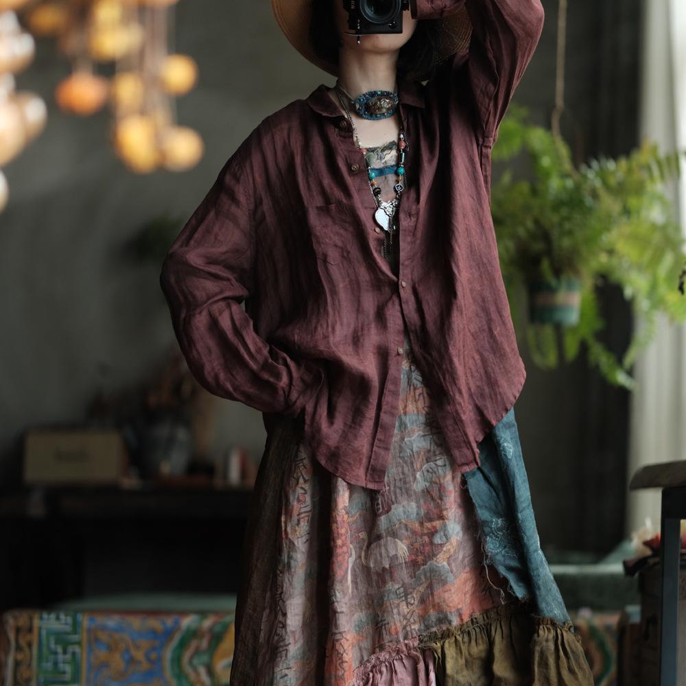 Johnature Women Vintage Shirts Tops Spring Button Long Sleeve Blouses Loose Women Irregular Shirts