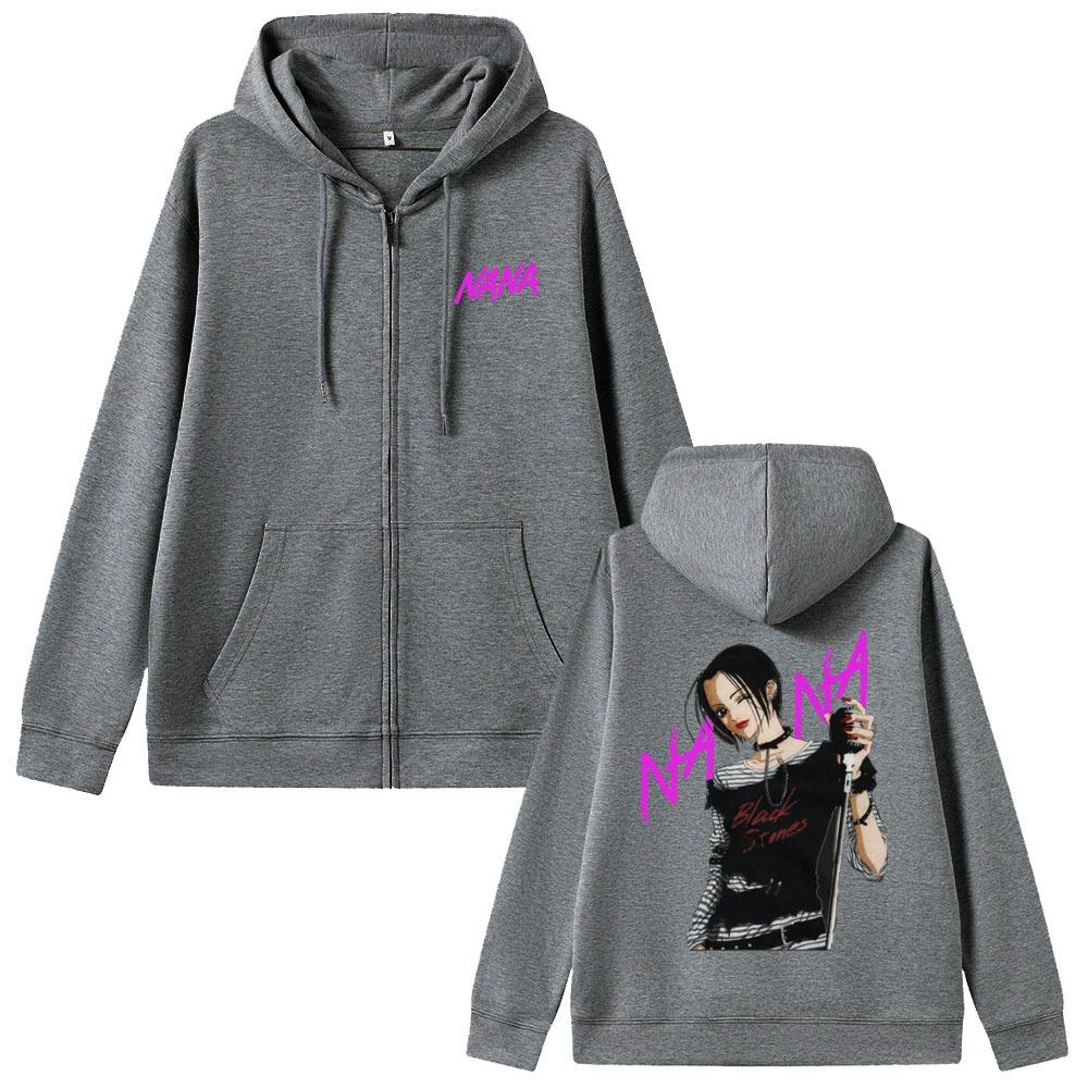 Anime Element Printed Zipper Hoodie Black Stone Zipper Jacket Men's and Women's Manga Casual Long Sleeve Zipper Sweatshirt Street Wear
