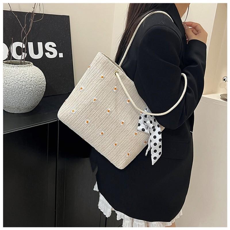 2026 New Straw Bag with Silk Scarf Single Shoulder Handbag Large Capacity Simple Tote Bag for Women Trendy Vacation Beach Bag