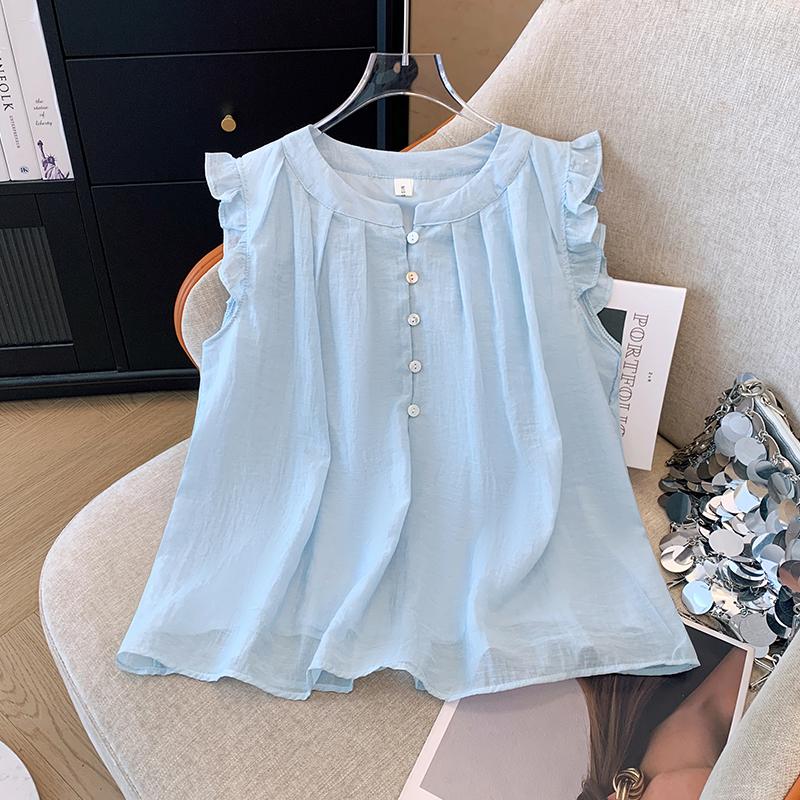 

Літній новий стиль французький круглий виріз солодкий маленький рукав-крильце шикарний жилет жіночий топ XL синій