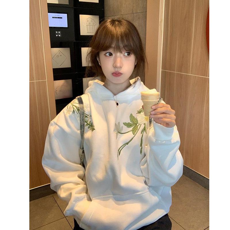 Embroidery retro heavy industry machine embroidery hooded sweater women's casual lazy wind fleece thickened men's hoodie autumn and winter coat