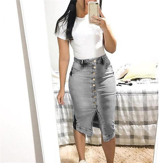 Women Fashion Denim Skirt Summer Button Design Split Front Skirts