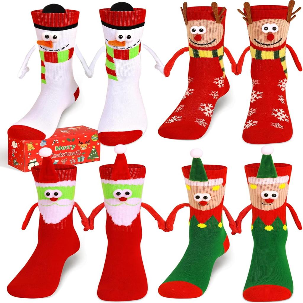 4 Pairs Funny Christmas Socks Magnetic Hand Holding Stocking Stuffers for Women Men Couples, White Elephant Exchange Gifts, Xmas Secret Santa Gag