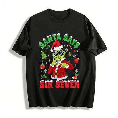 Santa Says Six Seven Grinch Print Christmas Casual Top Pure Cotton T-shirt