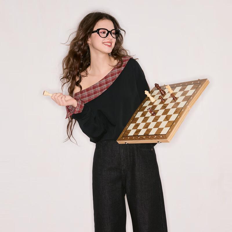 SanCai DuXing 2025 Autumn Retro Plaid Patchwork Loose Sweatshirt