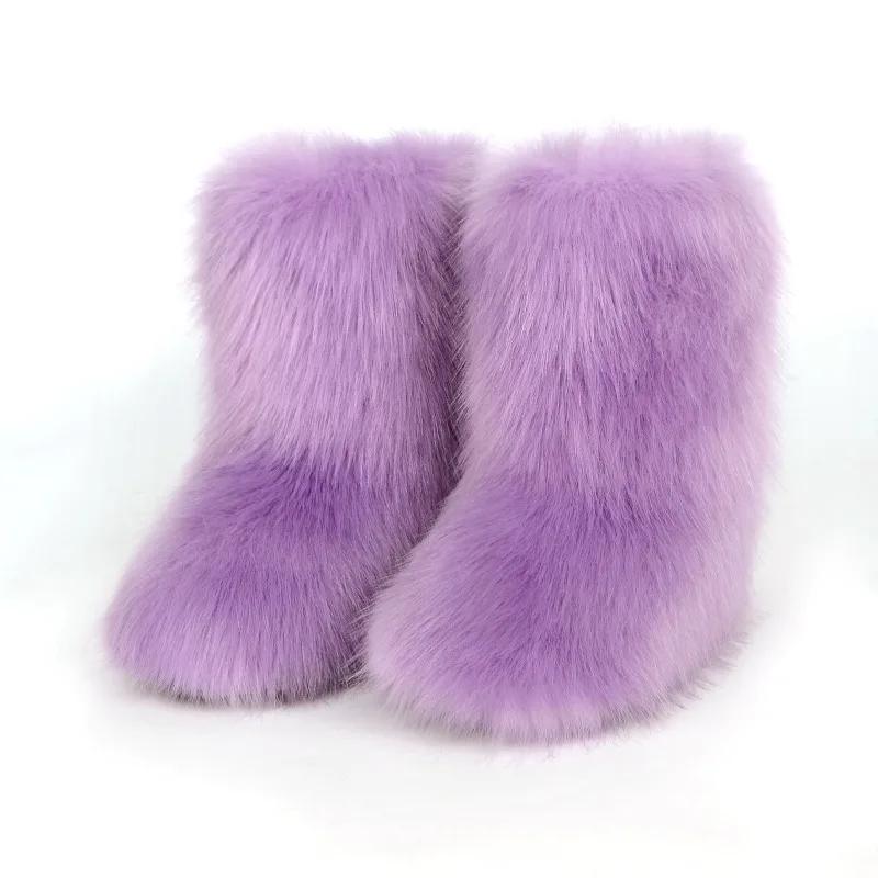 Fashion 2024 New Comfortable Imitation Raccoon Fur Snow Boots with Midsole for Women's Winter Warmth and Comfort, Hairy Women's Boots