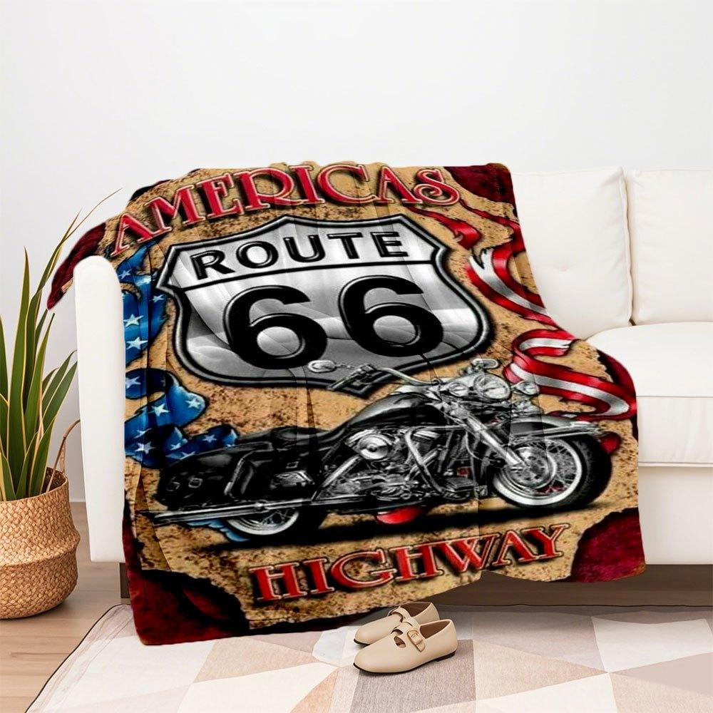Route 66 Motorcycle Tin Sign USA Flag Decor Metal Poster Wall Art Gift 8x10inBlanket Flannel Throw Blanket for Sofa, Bed, Travel, Camping, O