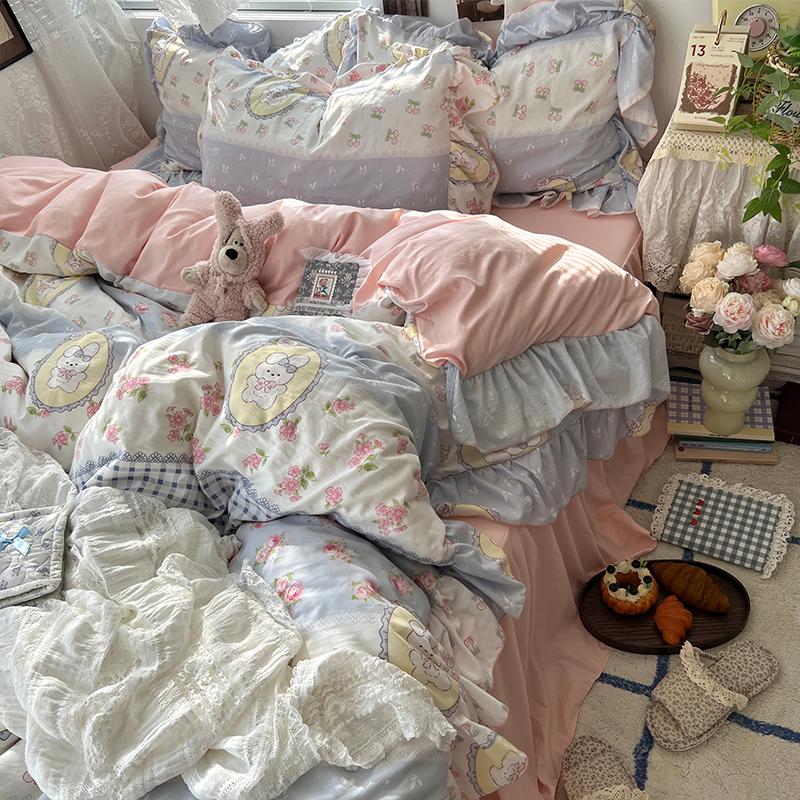 3/4Pcs Korean Princess Style Floral Ruffles Bedding Set Skin-friendly Soft Duvet Cover Set Bed Sheet Or Bed Skirt Pillowcases