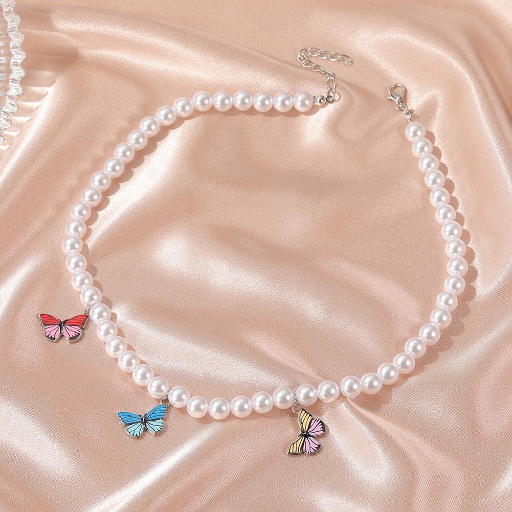 Women's Necklace Pearl Colorful Butterfly-shaped Clavicle Chain