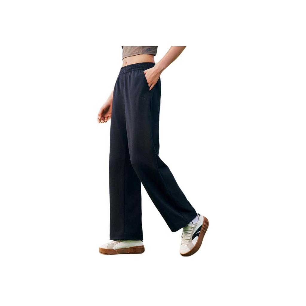 Anta Casual Simple Solid Color Lace-Up Loose Straight Leg Knitted Sports Pants Women bottoms Black 162528320-1