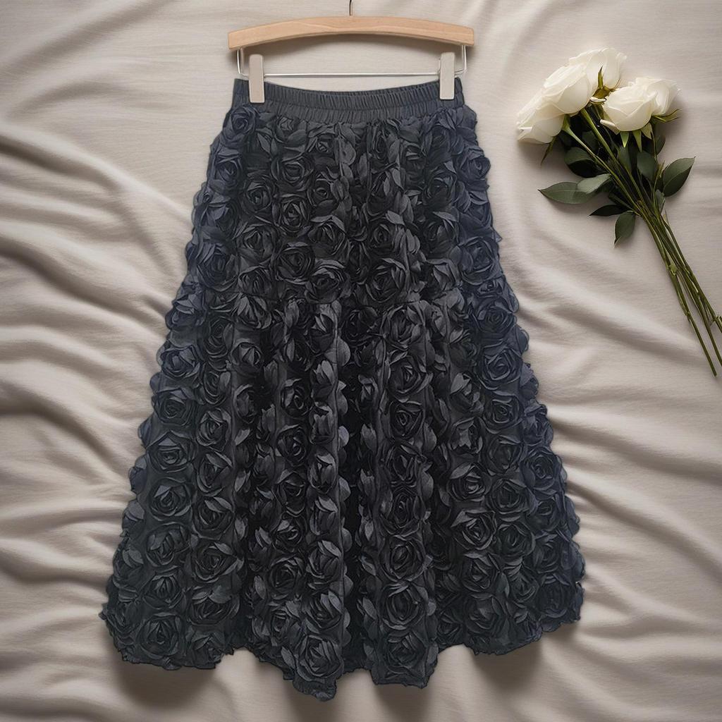 French A-Line High Waist Skirt with 3D Flowers - Spring/Winter Collection
