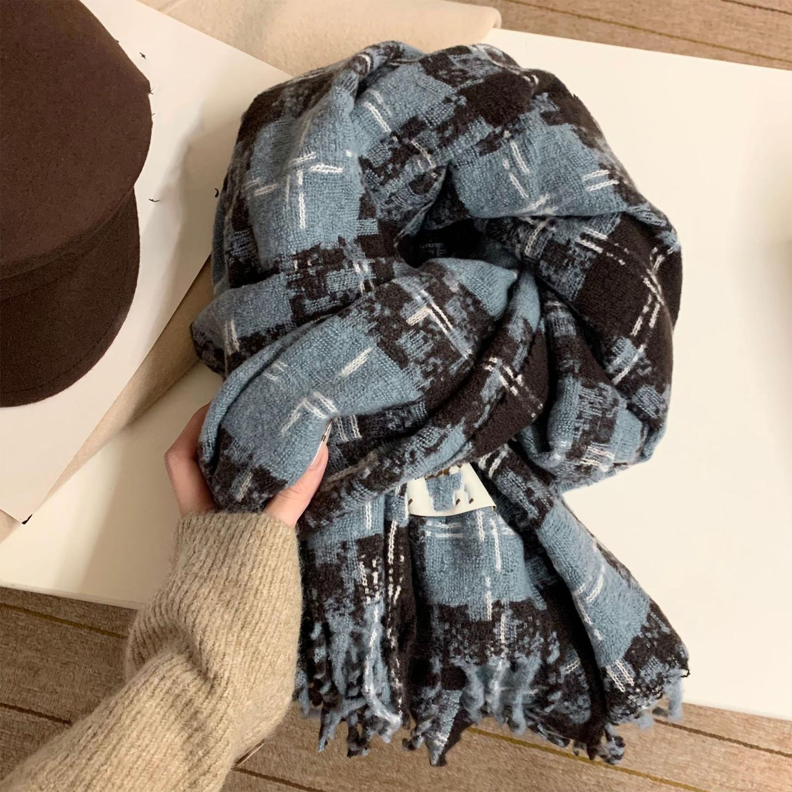 

Women s Fashionable Versatile Warm Thickened Scarf Tassel Wrap One Size синий