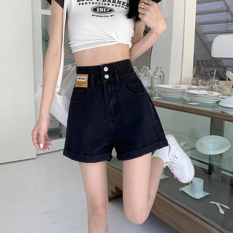 

Designer Denim Shorts for Women – A-Line, High Waist, Double Button, Straight, Rolled Hem, Wide Leg, Ideal for Summer Outings S чорний