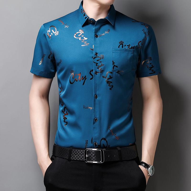 Summer Men's Floral Half Sleeved Shirts Ice Silk No Ironing Men's Fashion Short Sleeved Shirt Lapel Flower Shirt