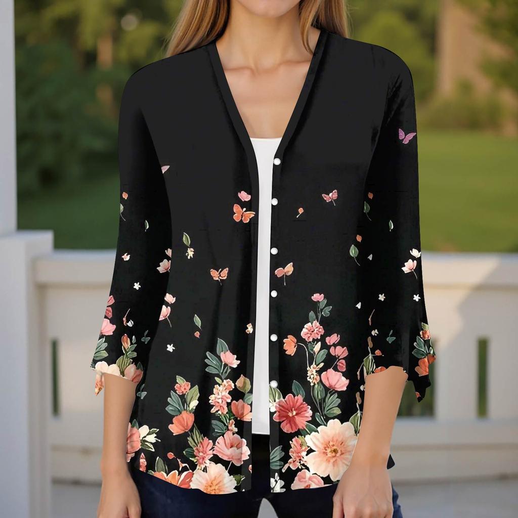 Women's Fashion Loose Casual Printed Seven-Part Sleeve Button Down Blouse Cardigan Top