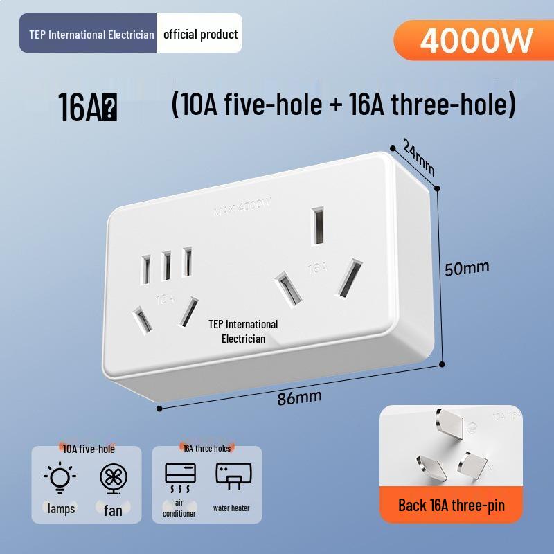 International 10A to 16A Multi-function Air Conditioner Plug Adapter, Dual 16A High-Power Socket Strip
