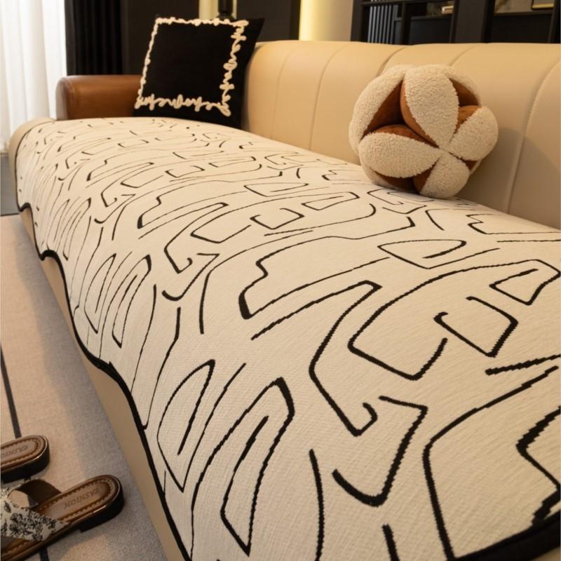 Summer Chenille Black White Sofa Cushion Covers Non-Slip All-Season Irregular Straight Fit Elegant Home Decor Slip-Resistant