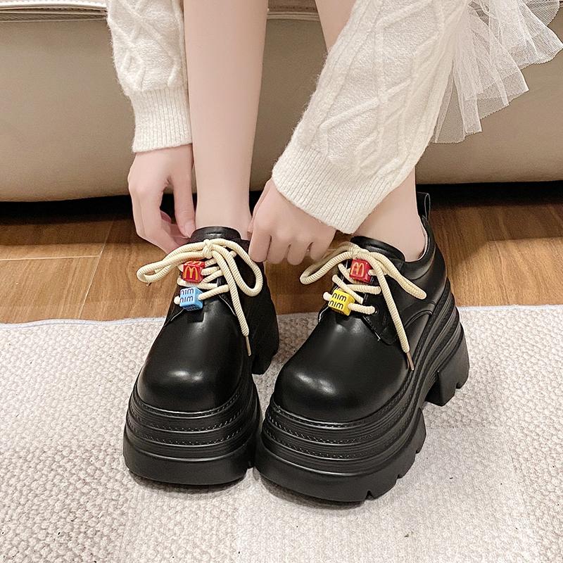 Fashion 10CM New Spring Women Platform Casual Shoes Loafers Lace-up Chunky Sneakers High Heels Thick Bottoms Cute Kawaii Leather Shoes