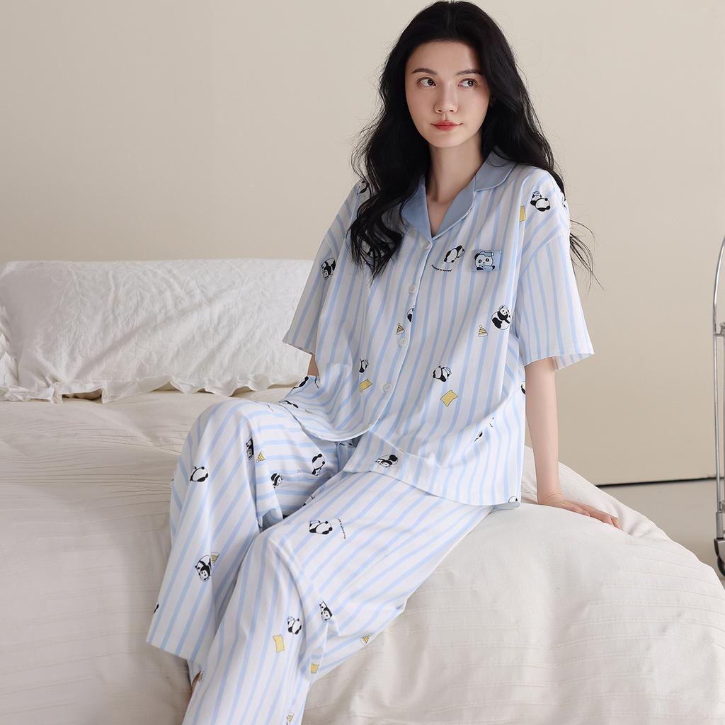pure cotton pajamas women's summer short-sleeved trousers cartoon panda striped suit can be worn outside cotton loungewear in summer