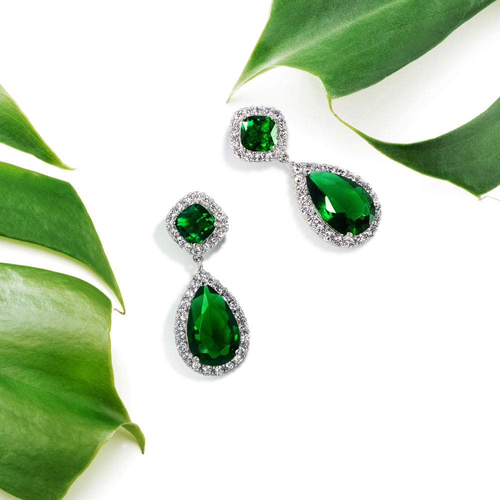 Classic Bridal Statement 7 5CT Green AAA CZ Pair Shape Simulate Emerald Clear Cubic Zirconia Halo Tear Chandelier Dangle Earrings Women Bridesmaid