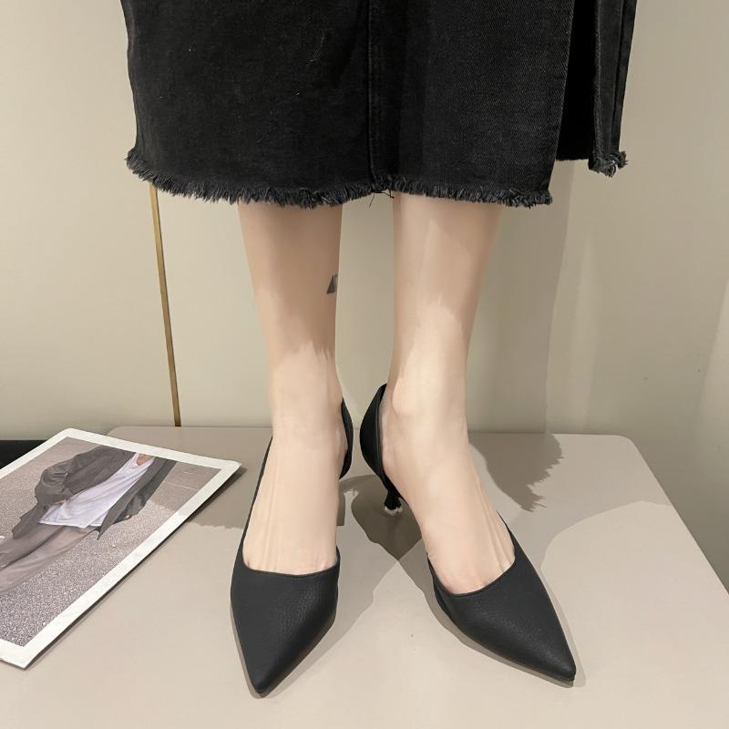 

Fashion Elegant Black Side-cut Out High-heeled Shoes Sexy Professional Soft Leather Work Shoes Fine Heel For Women 34 чёрный