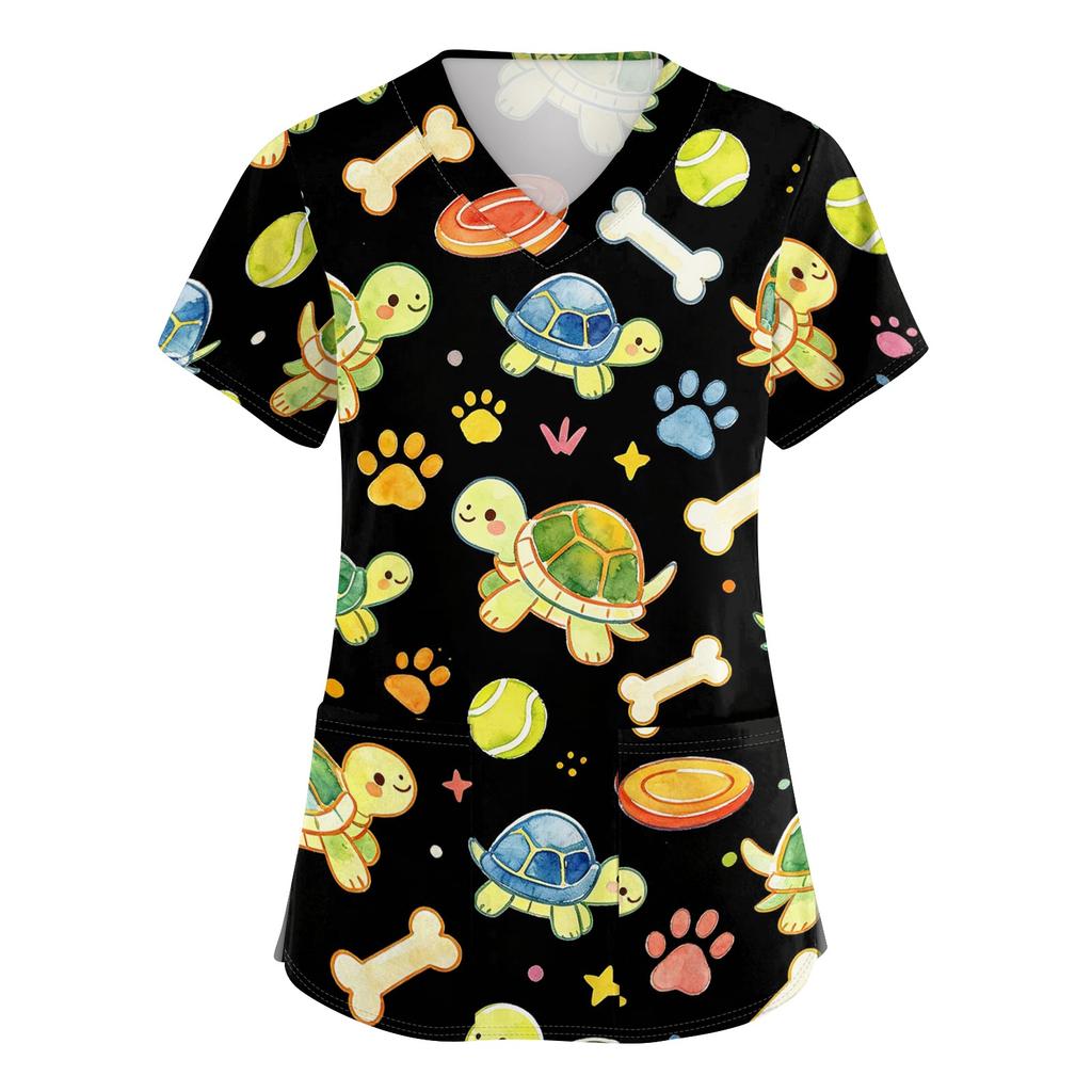 Women V Neck Short Sleeve Work Shirt with Pockets Animal Print Top for Healthcare Professionals Nurses Veterinary Staff
