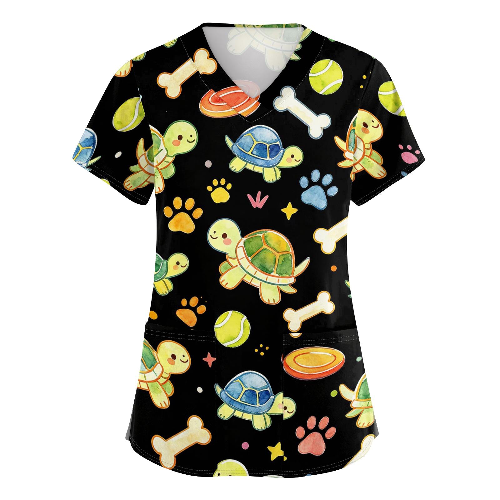 

Women V Neck Short Sleeve Work Shirt with Pockets Animal Print Top for Healthcare Professionals Nurses Veterinary Staff S
