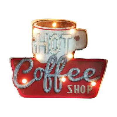 Coffee Shop Embossed Metal Sign Coffee Bar Vintage Decor Sign with LED Lights Metal Wall
