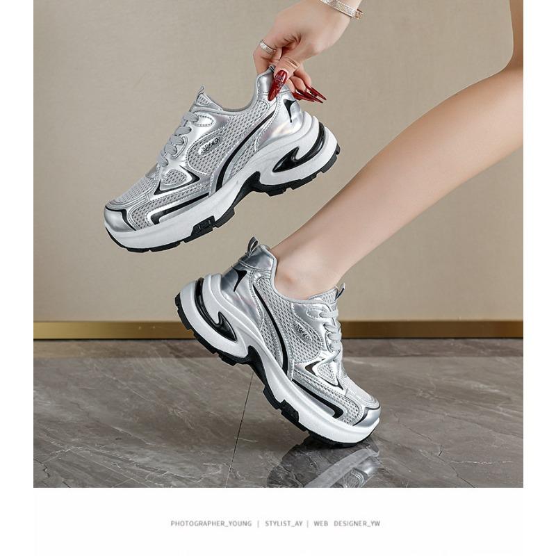 Thick Sole Height Increasing Silver Platform Women Casual Sports Chunky Dad Sneakers