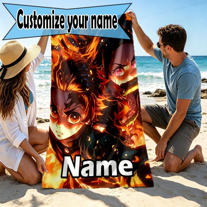 Custom Name Personalized Demon Slayer Print Beach Towel, for Trip Camping Beach Party Home Decor, Birthday Gift for Family & Friends