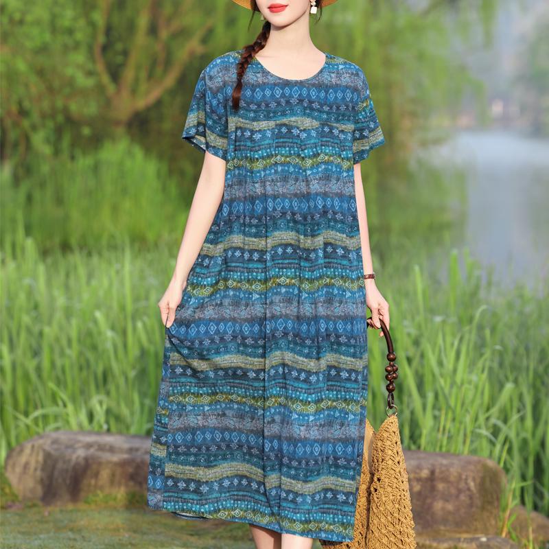 Μεγάλο μέγεθος Φαρδύ Vintage Print Μακρύ Φόρεμα για Γυναικεία Casual κοντομάνικα καλοκαιρινά γυναικεία φορέματα