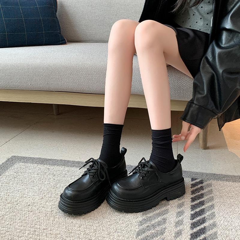  Fat mm platform small leather shoes women's new retro laceup college style large size women's shoes