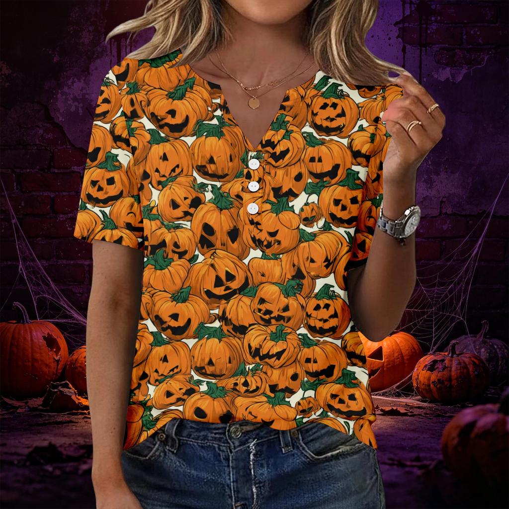 Womens Casual Halloween Print V Neck Short Sleeve Button Decor T Shirt Top Lightweight Comfortable Fit