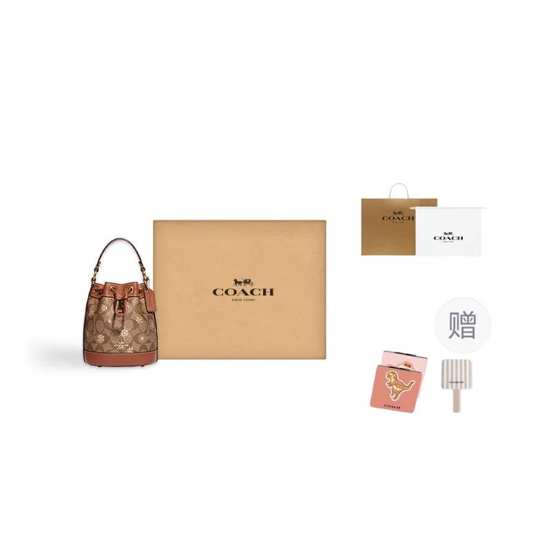 COACH Dempsey Signature Coated Canvas Litchi Grain Leather Bucket Bag Handbag Mini Women's Brown (Unisex) Handbags CE587 IMV2X
