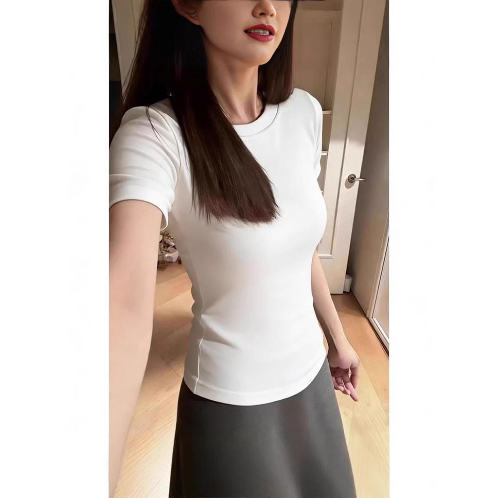 New front shoulder short-sleeved t-shirt women's summer slim-fitting half-sleeved tight-fitting waist-pinching thin top with bottom half-sleeved shor