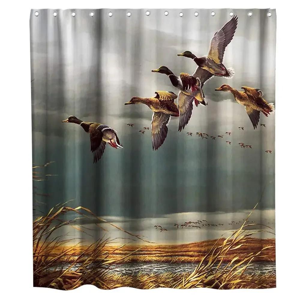 Duck Shower Curtain Cartoon Character Taking A Bath Colorful Drops Backdrop Dots,Cloth Fabric Bathroom Curtains With Hooks