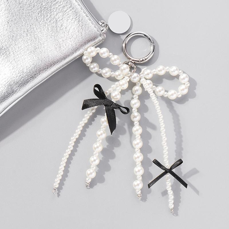 1 Piece Y2K Aesthetic Keyring Korean Sweet Pearl Black Ribbon Bow Keychain For Girls Bag Pendant Accessories